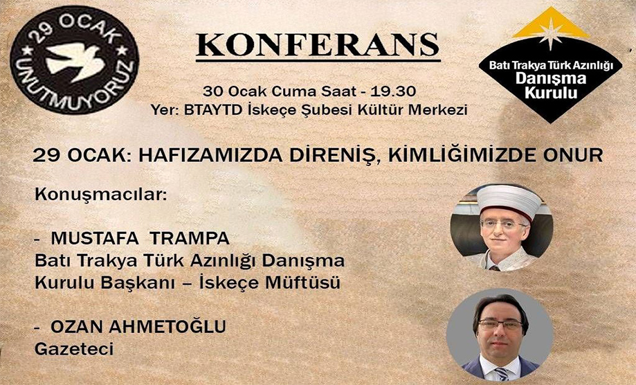İskeçe’de “29 Ocak: Hafızamızda direniş, kimliğimizde onur” başlıklı konferans düzenlenecek