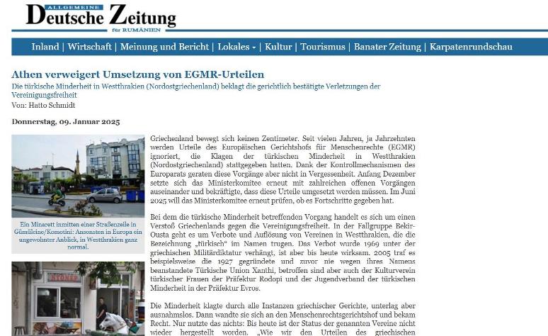 Romanya’daki, Alman azınlık gazetesi, Batı Trakya Türk azınlığın sorunlarını yazdı